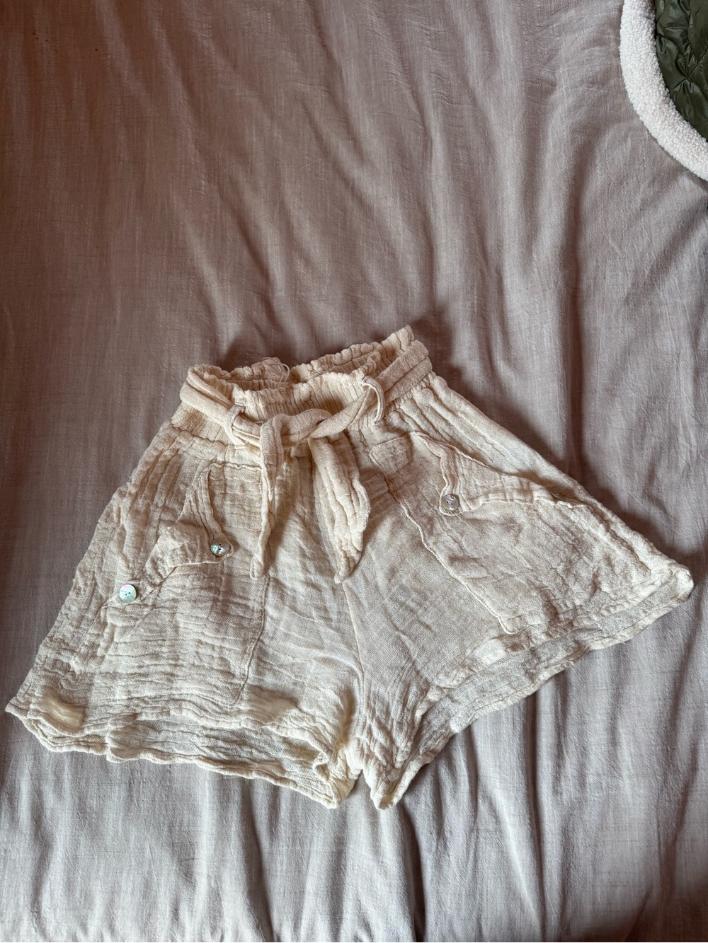 Jen’s Pirate Booty Light Cream Women's Gauze Paperbag Waist Shorts
